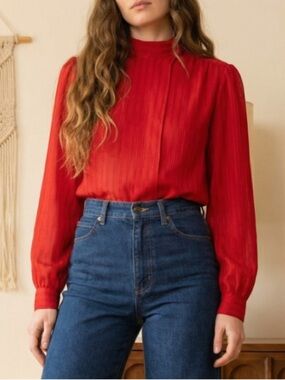 Vintage Chaus Red pinstripe Secretary Blouse Mock neck 70s 80s steampunk office